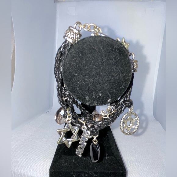 BRIGHTON LEATHER SILVER TONE JEWISH STAR OF DAVID MENORAH SHALOM CHARM BRACELET - Picture 9 of 11
